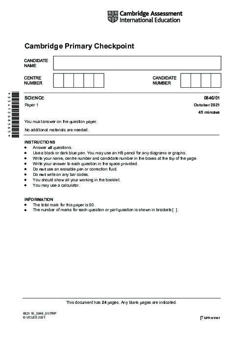 SCIENCE 0846,01 October 2021 | Cambridge Primary Checkpoint Past Papers with Mark Schemes