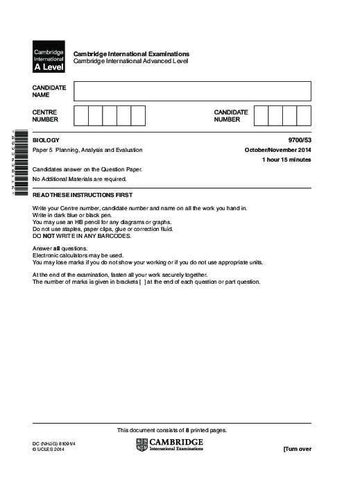 Biology 9700/52 Oct Nov 2014 | Cambridge AS Level Past Papers With Mark Scheme