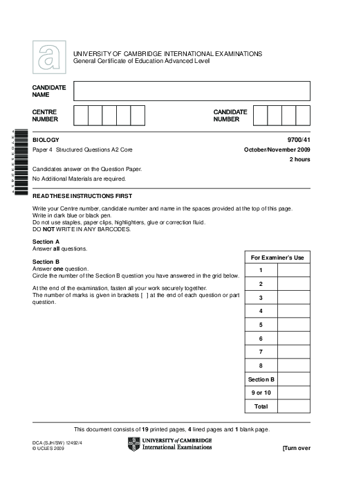 Paper 4, Variant 1, Oct Nov 2009 | Cambridge AS - A Level Biology (9700) Past Papers