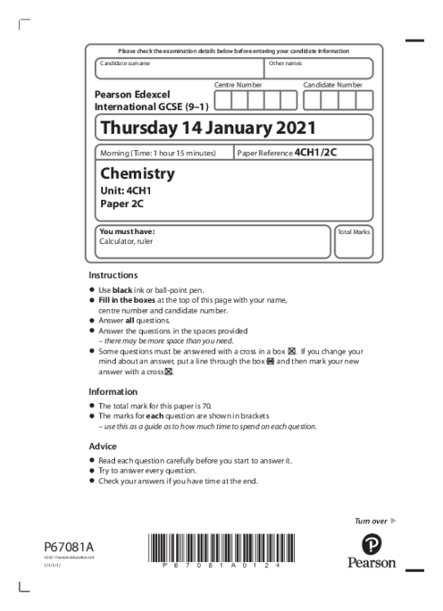 Chemistry 4CH1/2C January  2021 | Edexcel International GCSE Past Papers With Mark Scheme