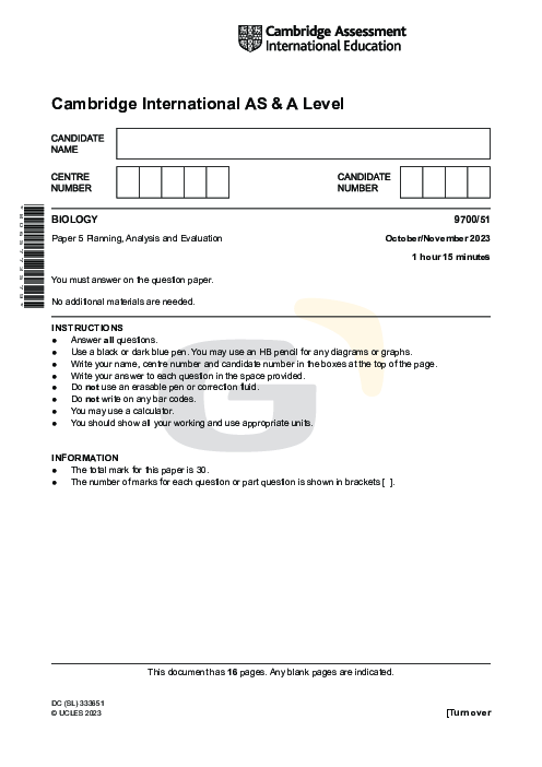 Biology 9700/51 Oct Nov 2023 | Cambridge AS Level Past Papers With Mark Scheme