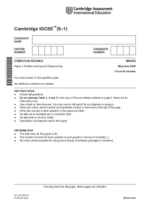 Paper 1, Variant 2, Oct Nov 2020 | Cambridge 9–1 GCSE  Computer Science (0984) Past Papers