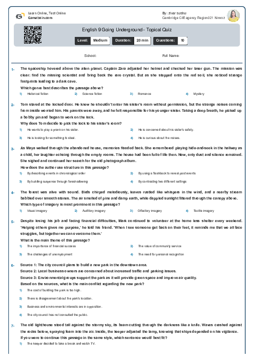 English 9 | Going Underground - Topical Quiz