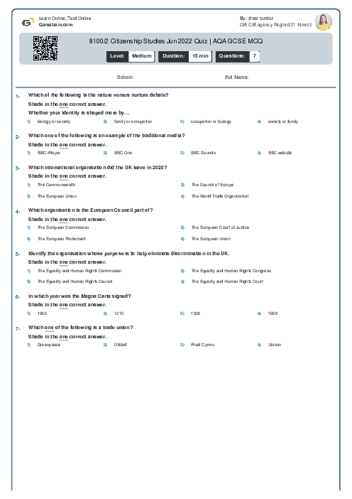 8100/2 Citizenship Studies Jun 2022 Quiz | AQA GCSE MCQ