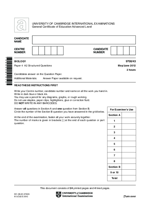 Biology 9700/41 May June 2012 | Cambridge AS Level Past Papers With Mark Scheme