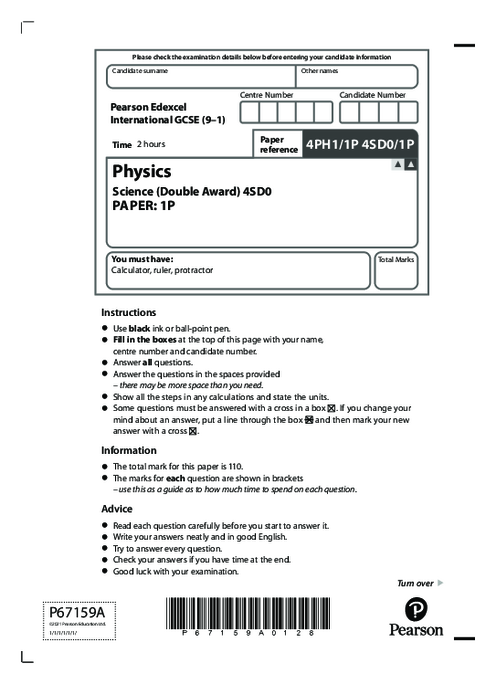  Physics 4PH1/1P May June  2021 | Edexcel IGCSE Past Papers With Mark Scheme