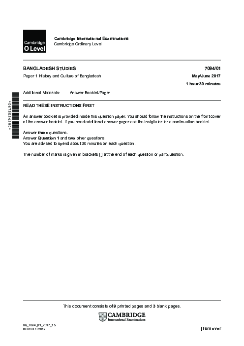  Bangladesh Studies 7094/02 May June 2015 | Cambridge O-Level Past Papers With Mark Scheme