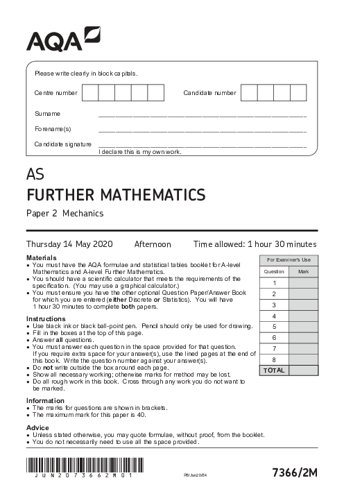 Further Mathematics 7366 Paper 2M June 2020, AQA AS-Level Past Papers with Mark Schemes