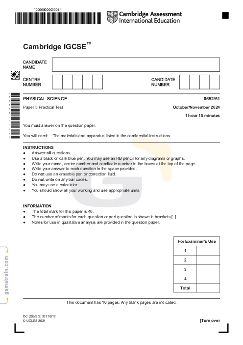 Physical Science 0652/51 Oct Nov 2024