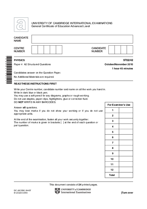 Paper 3, Variant 5, Oct Nov 2010 | Cambridge AS - A Level Physics (9702) Past Papers