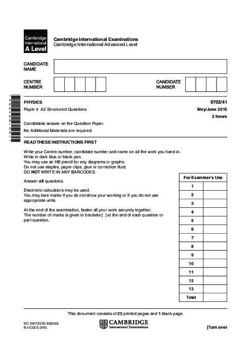 Paper 4, Variant 1, May June 2015 | Cambridge AS - A Level Physics (9702) Past Papers