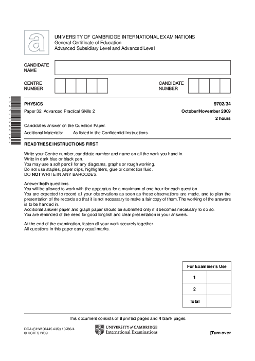 Paper 4, Variant 1, Oct Nov 2009 | Cambridge AS - A Level Physics (9702) Past Papers