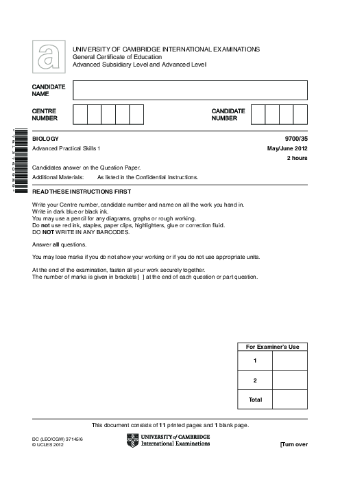 Biology 9700/35 May June 2012 | Cambridge AS Level Past Papers With Mark Scheme