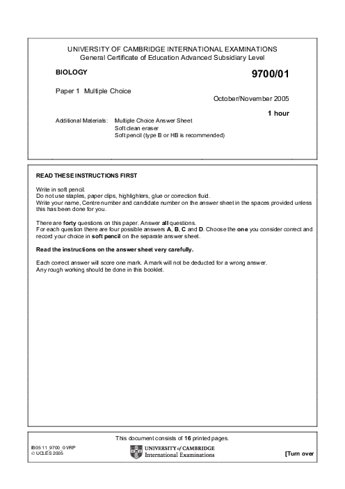 Paper 6, May June 2005 | Cambridge AS - A Level Biology (9700) Past Papers