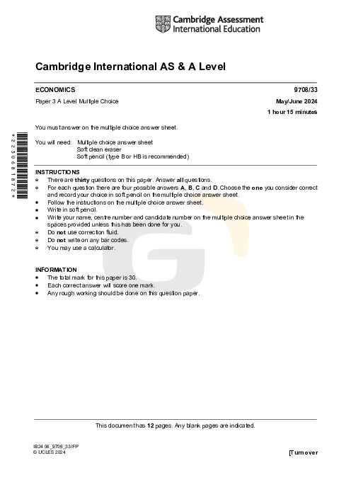 Economics 9708/33 May June 2024 | Cambridge AS Level Past Papers With Mark Scheme