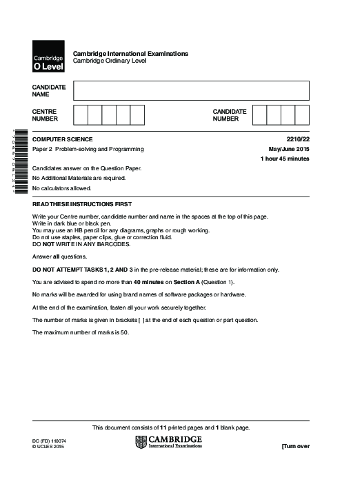  Computer Science 2210/22 May June 2015 | Cambridge O-Level Past Papers With Mark Scheme