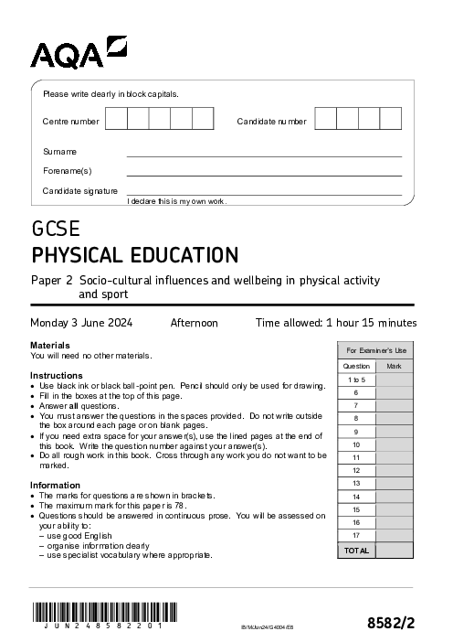 Physical Education 8582/2 June 2024