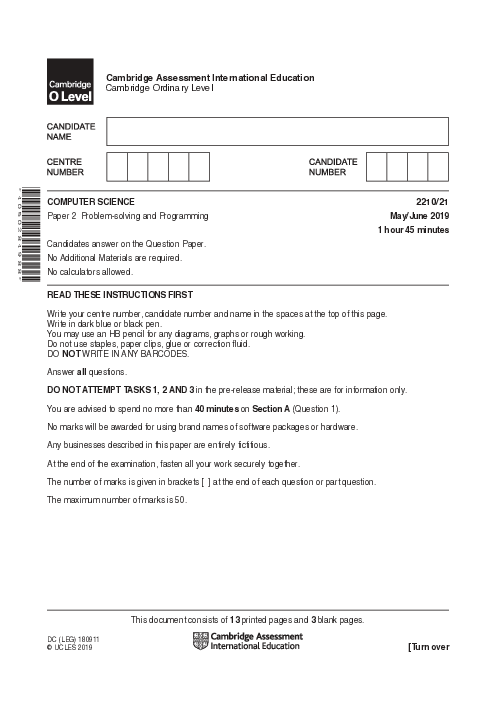  Computer Science 2210/21 May June 2019 | Cambridge O-Level Past Papers With Mark Scheme