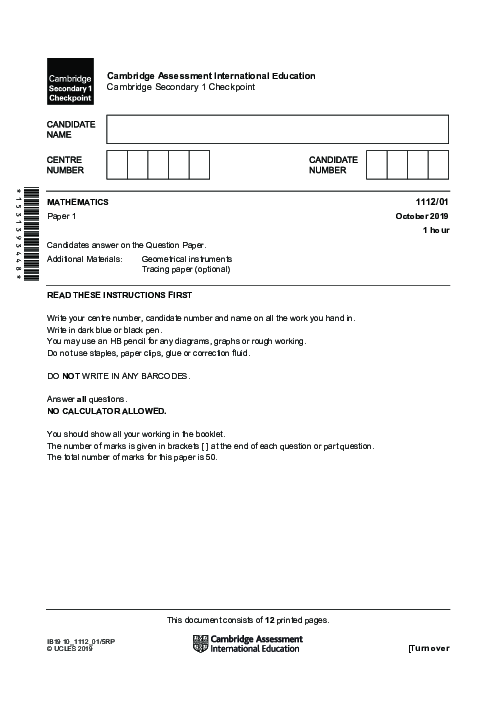 MATHEMATICS 1112,01 October 2019 | Cambridge Lower secondary Checkpoint Past Papers with Mark Schemes