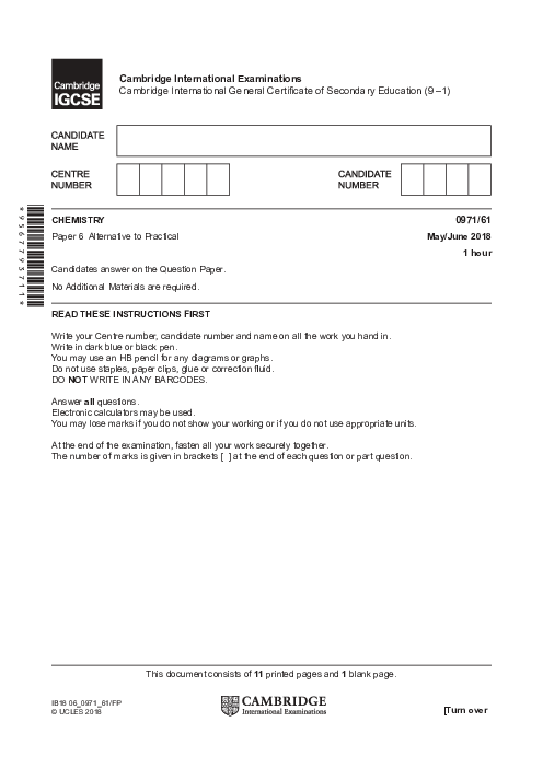 Paper 6, Variant 1, May June 2018 | Cambridge 9–1 GCSE  Chemistry (0971) Past Papers