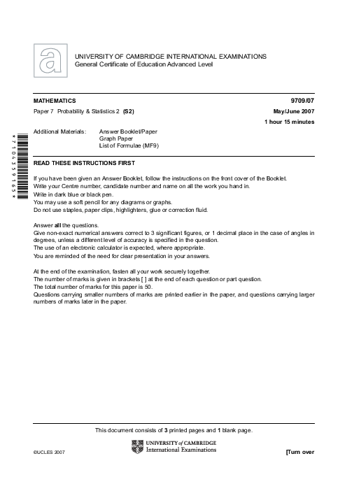 Mathematics 9709/07 May June 2007 | Cambridge AS & A Level Past Papers With Mark Scheme