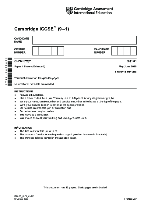  Chemistry 0971/41 May June 2020 | Cambridge 9–1 IGCSE Past Papers With Mark Scheme