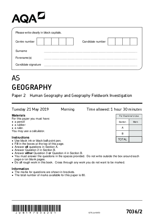 Geography 7036 Paper 2 June 2019, AQA AS-Level Past Papers with Mark Schemes