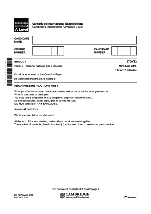 Biology 9700/52 May June 2015 | Cambridge AS Level Past Papers With Mark Scheme