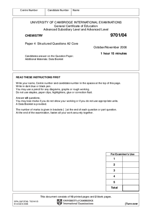 Chemistry 9701/04 Oct Nov 2006 | Cambridge AS Level Past Papers With Mark Scheme