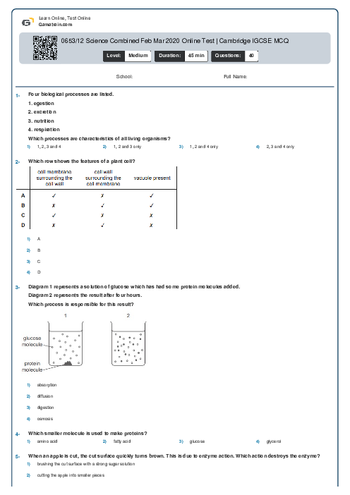 0653/12 Science Combined Feb Mar 2020 Online Test | Cambridge IGCSE MCQ