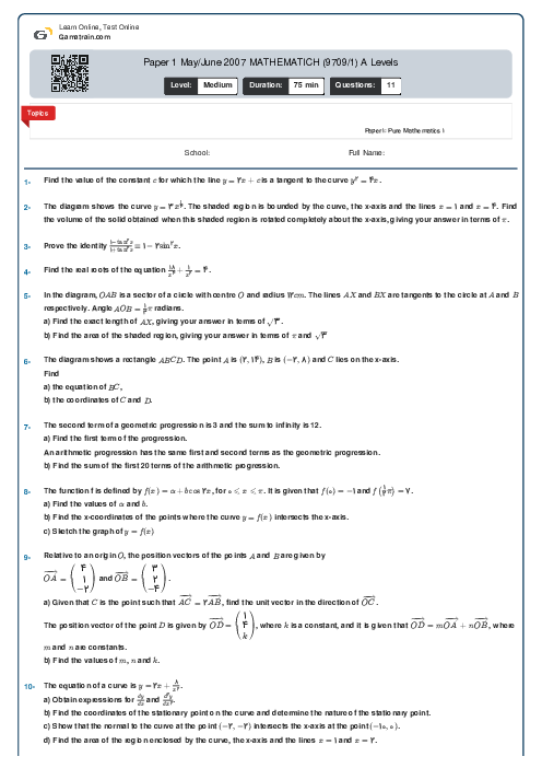 Paper 1 May/June 2007 MATHEMATICH (9709/1) A Levels