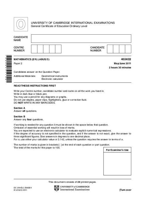 Mathematics Syllabus D 4024/11 Oct Nov 2011