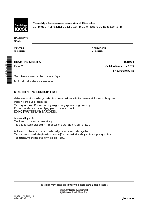  Business Studies 0986/21 Oct Nov 2019 | Cambridge 9–1 IGCSE Past Papers With Mark Scheme