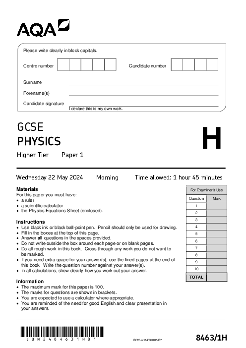 Physics 8463/1H June 2024
