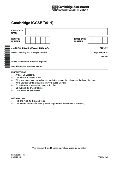 Paper 2, Variant 2, May June 2021 | Cambridge 9–1 GCSE  English as a Second Language (Speaking Endorsement) (0993) Past Papers