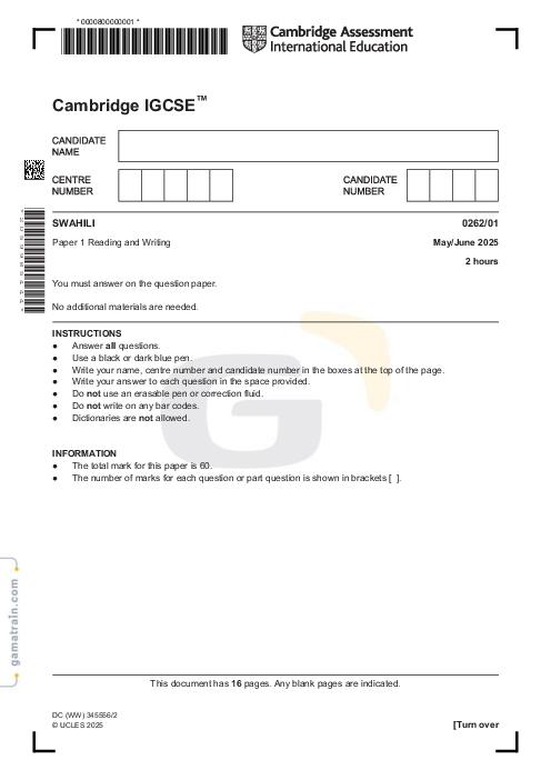 Swahili 0262/01 May June 2025