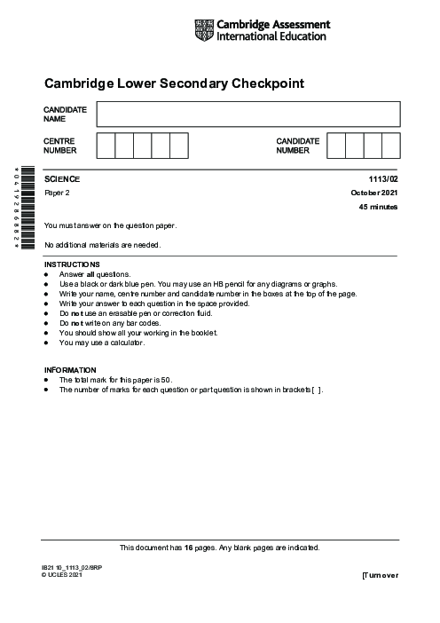 SCIENCE 1113,02 October 2021 | Cambridge Lower secondary Checkpoint Past Papers with Mark Schemes