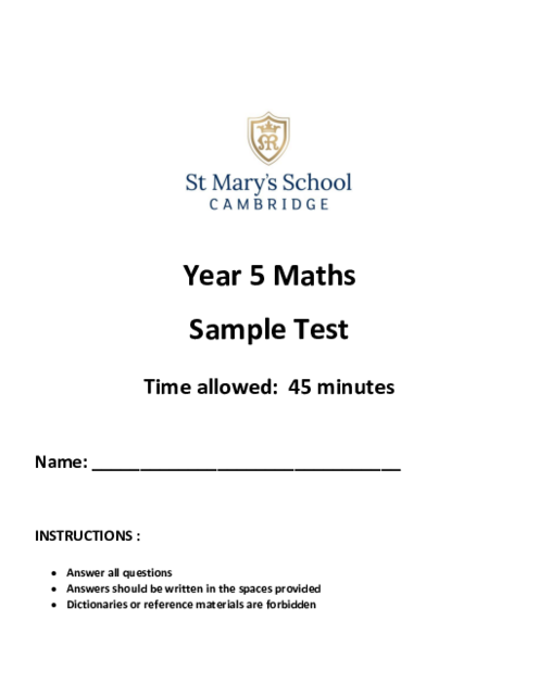Year 5 Maths Sample Test with Answers | Free PDF Download