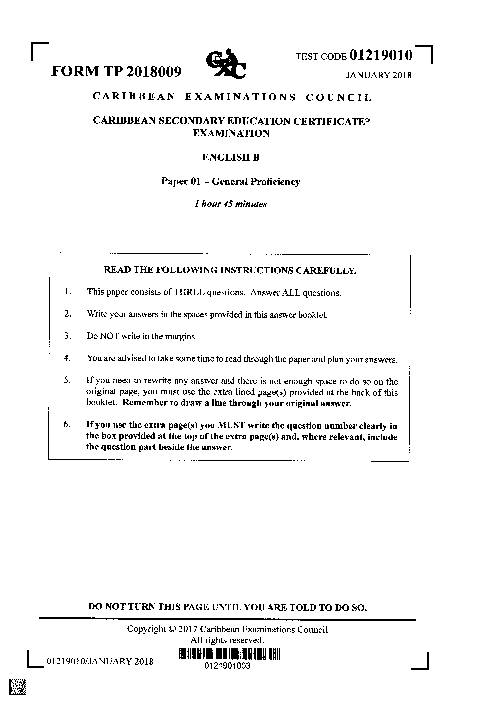 English B January 2018 Paper 1