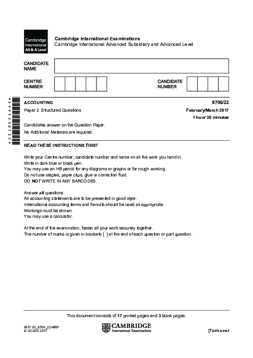 Paper 1, Variant 2, May June 2017 | Cambridge AS and A Level Accounting (9706) Past Papers