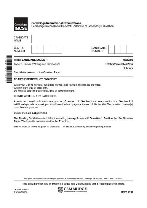 English-First Language (UK) 0522/03 Oct Nov 2015