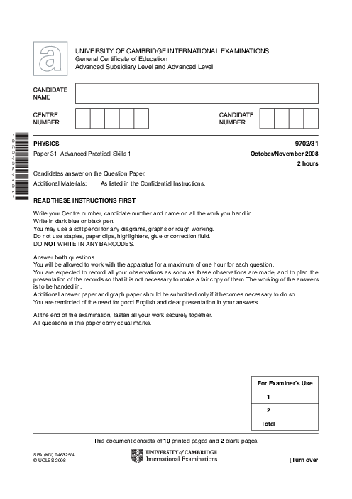 Paper 2, Oct Nov 2008 | Cambridge AS - A Level Physics (9702) Past Papers