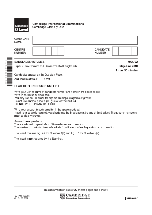  Bangladesh Studies 7094/02 May June 2018 | Cambridge O-Level Past Papers With Mark Scheme