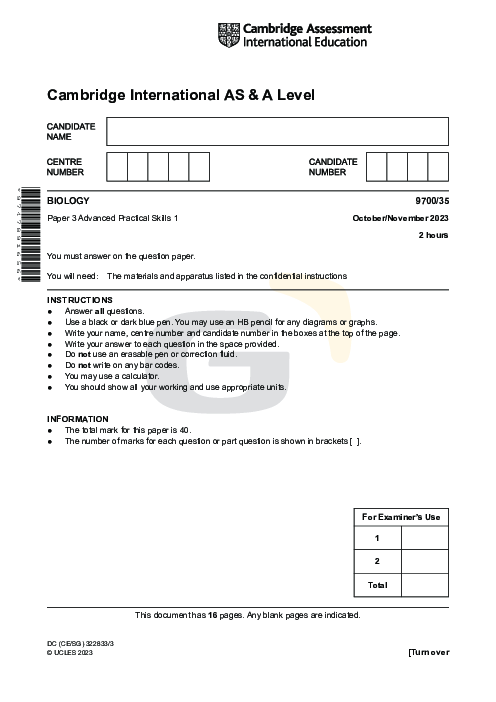 Biology 9700/35 Oct Nov 2023 | Cambridge AS Level Past Papers With Mark Scheme