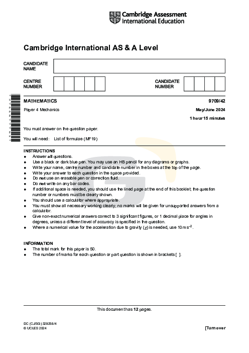 Mathematics 9709/42 May June 2024 | Cambridge AS & A Level Past Papers With Mark Scheme