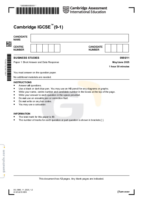Business Studies 0986/11 May June 2025