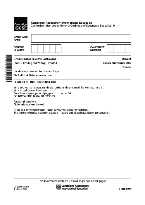  English as a Second Language 0993/21 Oct Nov 2019 | Cambridge 9–1 IGCSE Past Papers With Mark Scheme