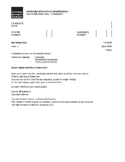 MATHEMATICS 1112,02 April 2018 | Cambridge Lower secondary Checkpoint Past Papers with Mark Schemes