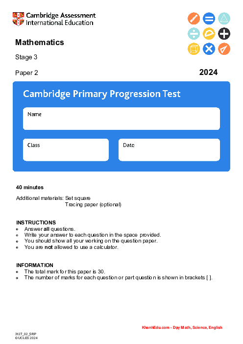 Cambridge Progression Test Stage 3 Mathematics 2024 Paper 2