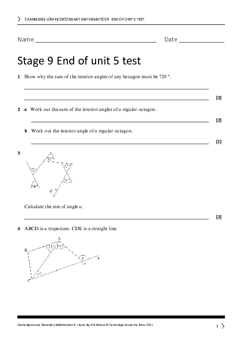 Year 9 Mathematics End of Unit 5 Test - Answers Included